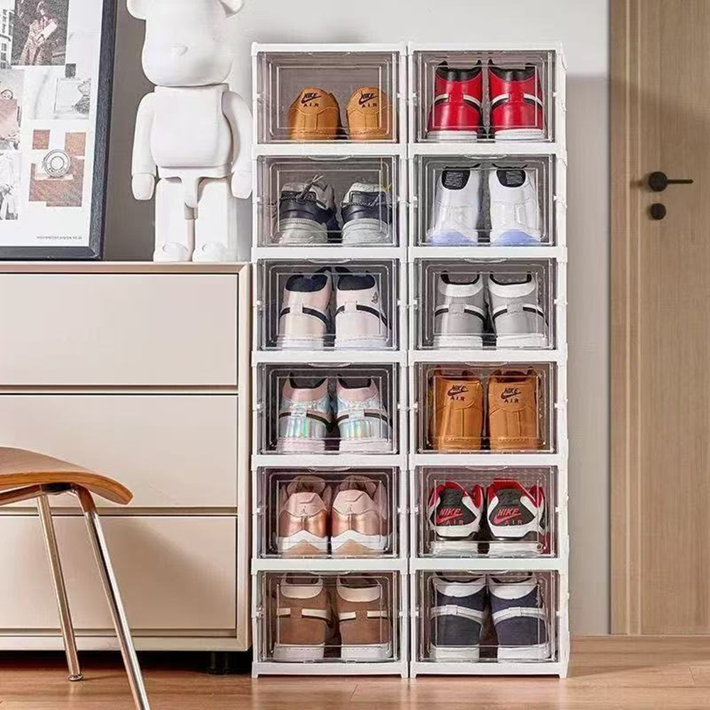 防塵6層折りたたみ式シューズボックス、積み重ね可能な透明厚型 - Sneaker Case のレビューと価格